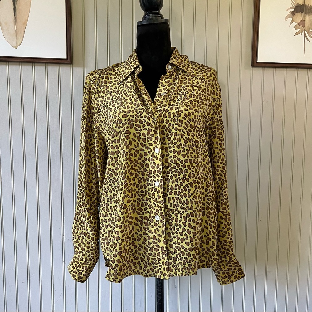 Button-Down Leopard Print Blouse - Mustard Brown